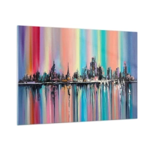 Impression sur verre - Image sur verre - Panorama urbain abstrait avec un fond multicolore - 100x70cm - Noyé par la lumière de la nuit - Décoration murale moderne pour le salon et la chambre ARTTOR