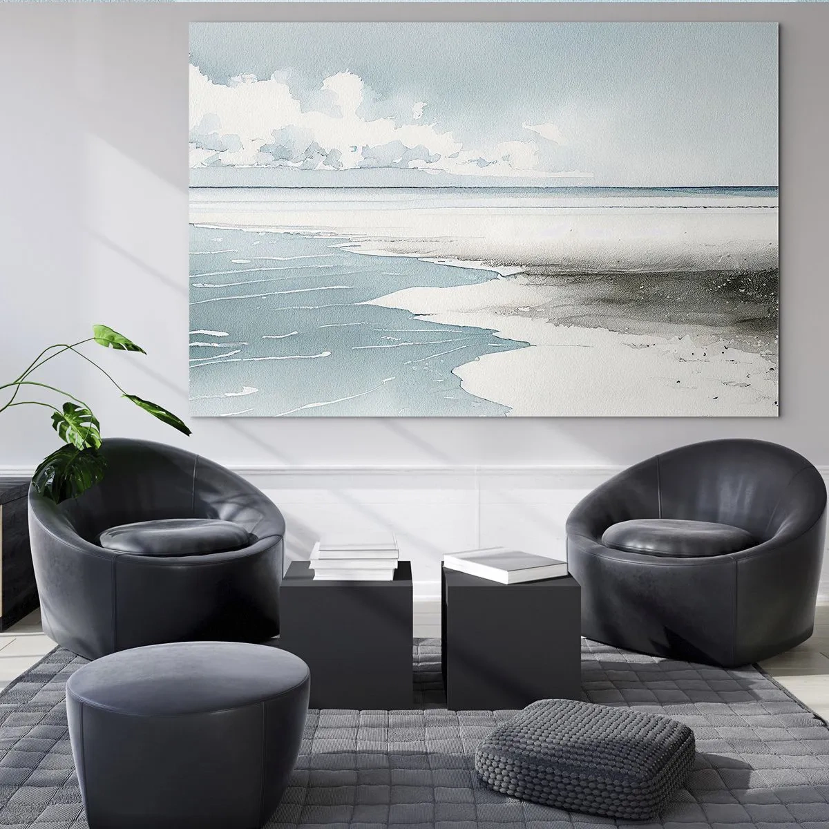 Impression sur verre - Image sur verre - Un paysage marin tranquille dans un style aquarelle dans des tons de bleu. - 70x50cm - Marée douce - Décoration murale moderne pour le salon et la chambre ARTTOR