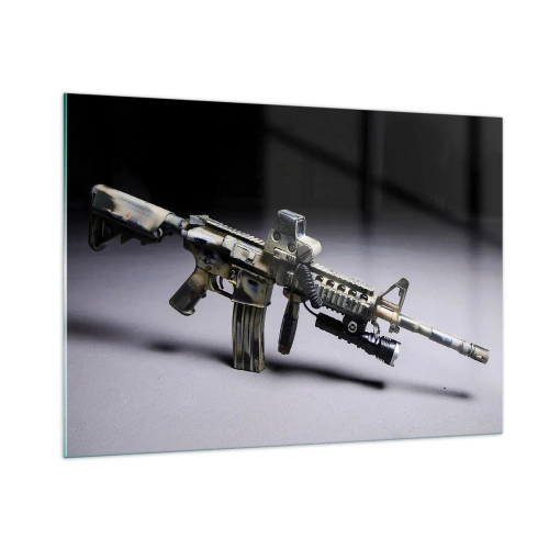 Impression sur verre - Image sur verre - Un fusil moderne sur un fond sombre avec un accent industriel - 100x70cm - Toujours menaçant - Décoration murale moderne pour le salon et la chambre ARTTOR