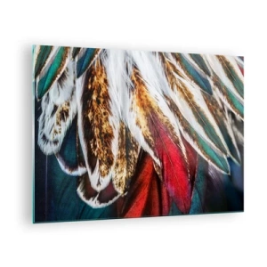 Impression sur verre - Image sur verre - Plumes colorées dans une riche palette de couleurs avec une texture distincte - 70x50cm - Secrets de vol - Décoration murale moderne pour le salon et la chambre ARTTOR