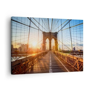 Impression sur toile - Image sur toile - Le pont à la lumière du soleil couchant avec vue sur la ville - 70x50cm - Sur le pont d'or - Décoration murale moderne pour le salon et la chambre ARTTOR