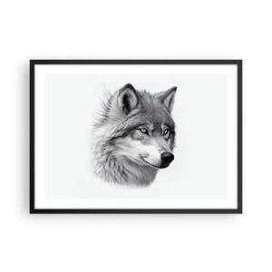Affiche dans un cadre noir - Poster - Un portrait réaliste d'un loup dans des tons de gris. - 70x50cm - Alpha – sans aucun doute - Décoration murale moderne pour le salon et la chambre ARTTOR
