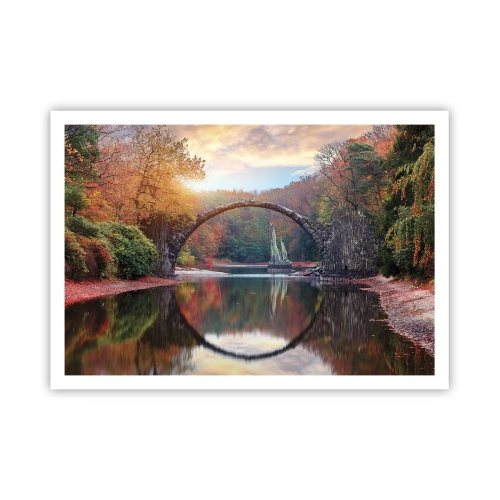 Affiche - Poster - Un pont de pierre dans un paysage d'automne sur une eau calme - 100x70cm - De l'autre cote du miroir - Décoration murale moderne pour le salon et la chambre ARTTOR