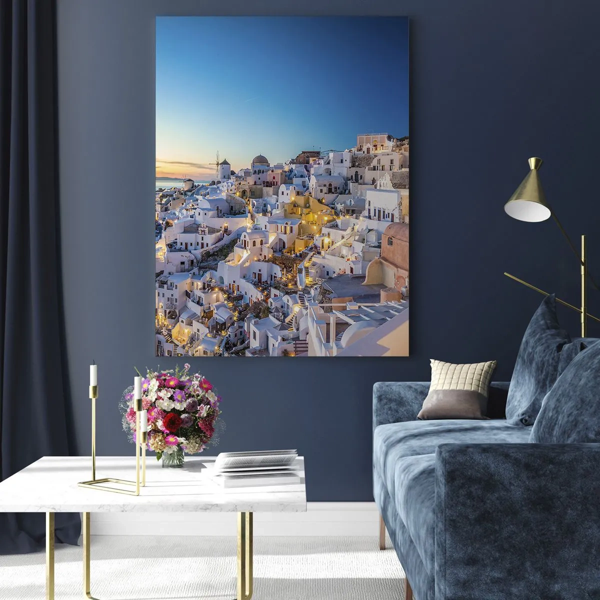 Impression sur verre - Image sur verre - Panorama de Santorin au coucher du soleil - 50x70cm - L'essence de la grecque - Décoration murale moderne pour le salon et la chambre ARTTOR