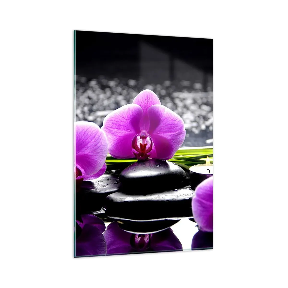Impression sur verre - Image sur verre - Orchidées violettes sur fond de pierres et de bougies dans un cadre relaxant - 80x120cm - Se noyer dans la paix et la tranquillité - Décoration murale moderne pour le salon et la chambre ARTTOR