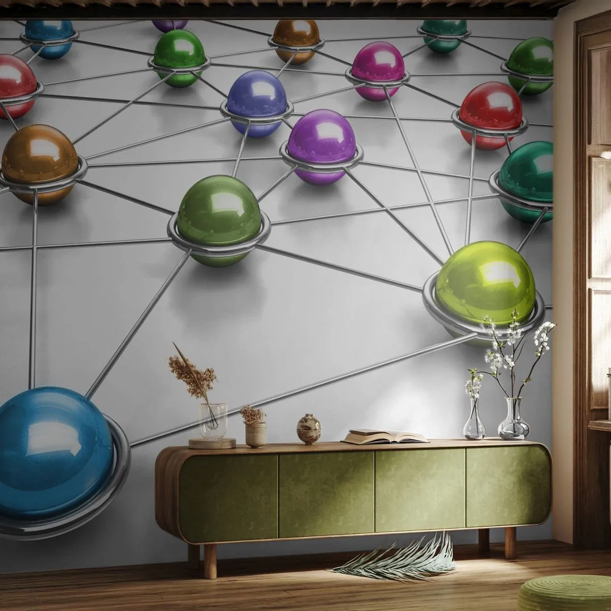 Papier Peint Photo Standard Eco - Toile d'araignée cosmique - Abstraction, Boules de métal, 3D - 350x256 cm
