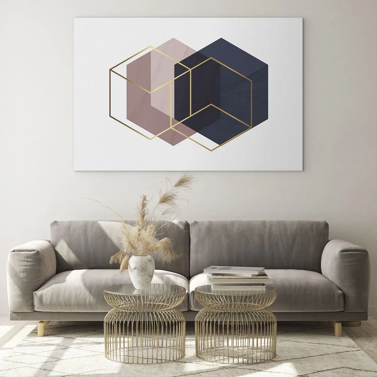 Impression sur verre - Image sur verre - Contours dorés de cubes sur un fond de solides bleu marine et rose - 70x50cm - Le pouvoir de la simplicité - Décoration murale moderne pour le salon et la chambre ARTTOR