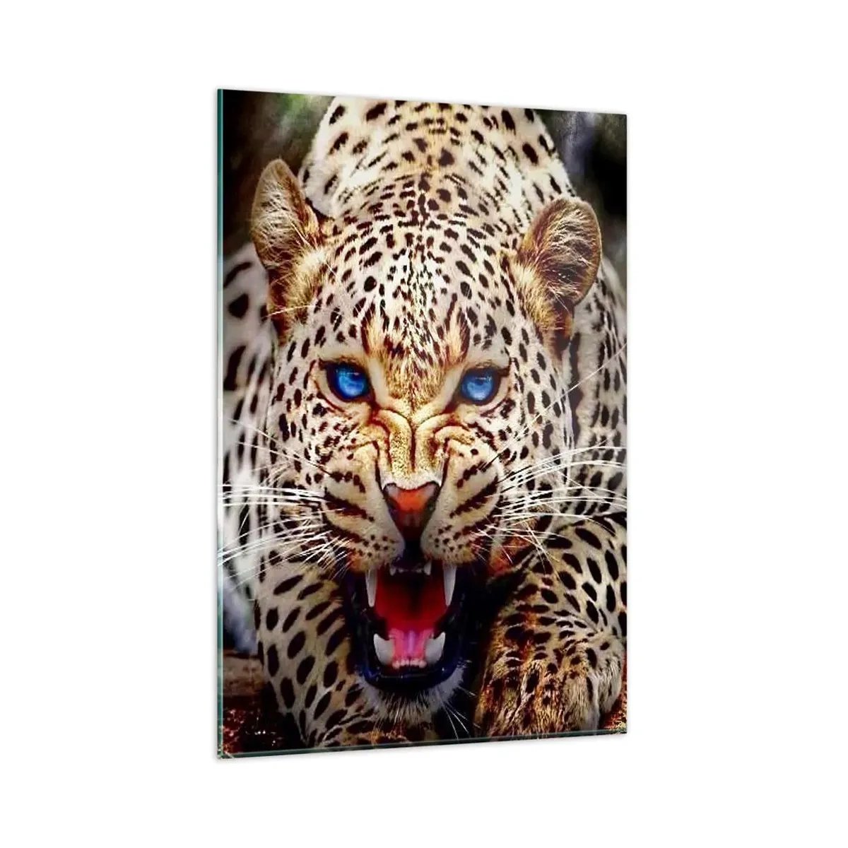 Impression sur verre - Image sur verre - Un léopard menaçant aux yeux bleus intenses - 80x120cm - La colère de la beauté ne fait pas de mal - Décoration murale moderne pour le salon et la chambre ARTTOR