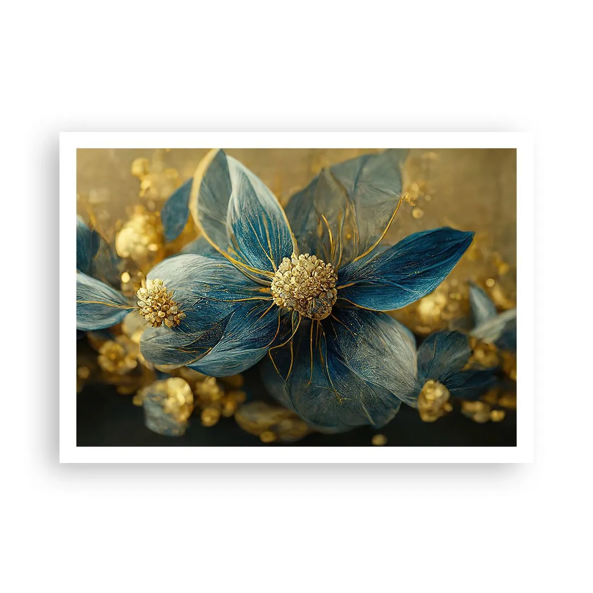 Affiche - Poster - Fleurs élégantes dans des tons de bleu et d'or - 100x70cm - Fleurir avec de l'or - Décoration murale moderne pour le salon et la chambre ARTTOR