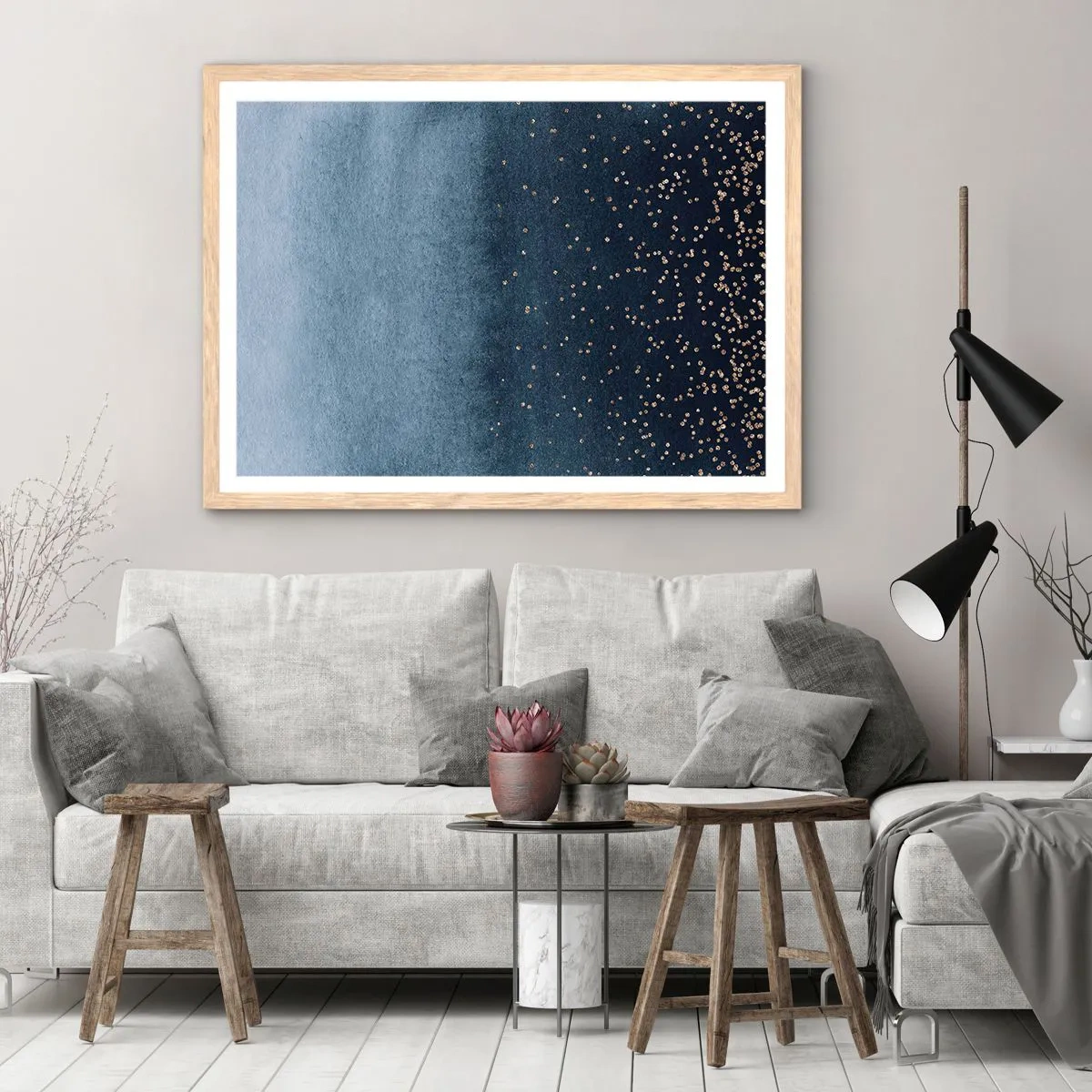 Affiche dans un chêne clair - Poster - Composition - phases bleues - 70x50 cm