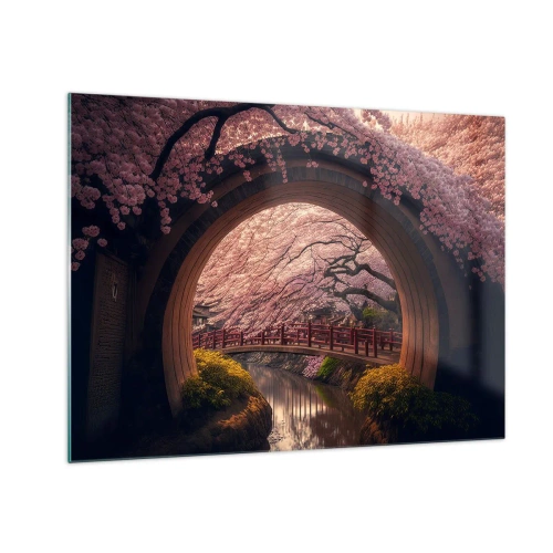 Impression sur verre - Image sur verre - Fleurs de cerisier et pont japonais vus à travers la porte ronde - 70x50cm - Printemps japonais - Décoration murale moderne pour le salon et la chambre ARTTOR