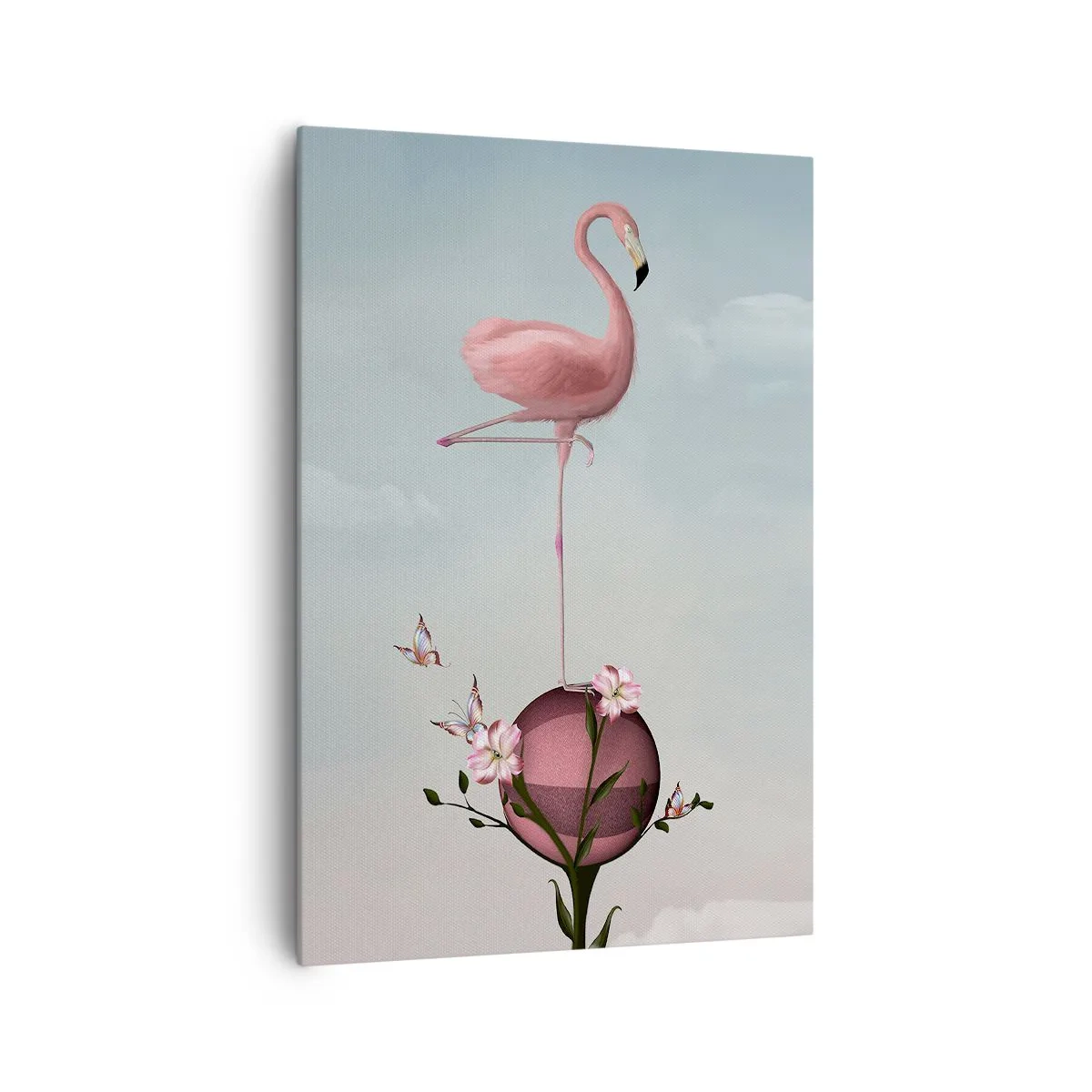Impression sur toile - Image sur toile - Un flamant rose en équilibre sur une boule de fleurs - 70x100cm - Allégorie du basket-ball - Décoration murale moderne pour le salon et la chambre ARTTOR