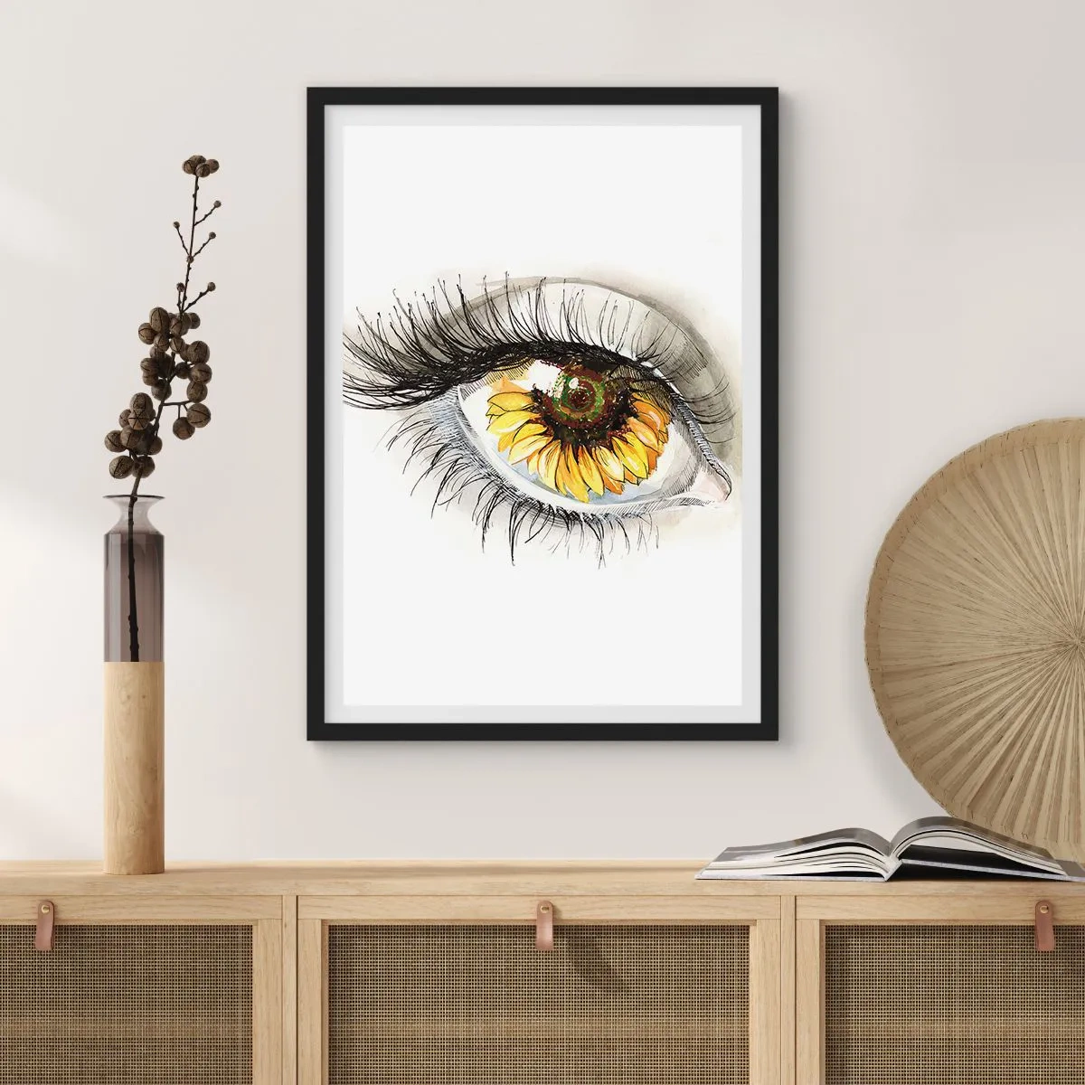 Affiche dans un cadre noir - Poster - Un œil avec une fleur de tournesol jaune dans la pupille - 50x70cm - Un look aussi chaud que l'été - Décoration murale moderne pour le salon et la chambre ARTTOR