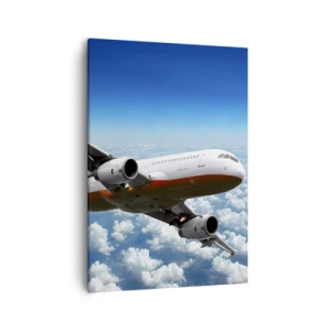 Impression sur toile - Image sur toile - Un avion de ligne volant au-dessus des nuages contre un ciel bleu. - 50x70cm - Éloignez-vous de tout - Décoration murale moderne pour le salon et la chambre ARTTOR