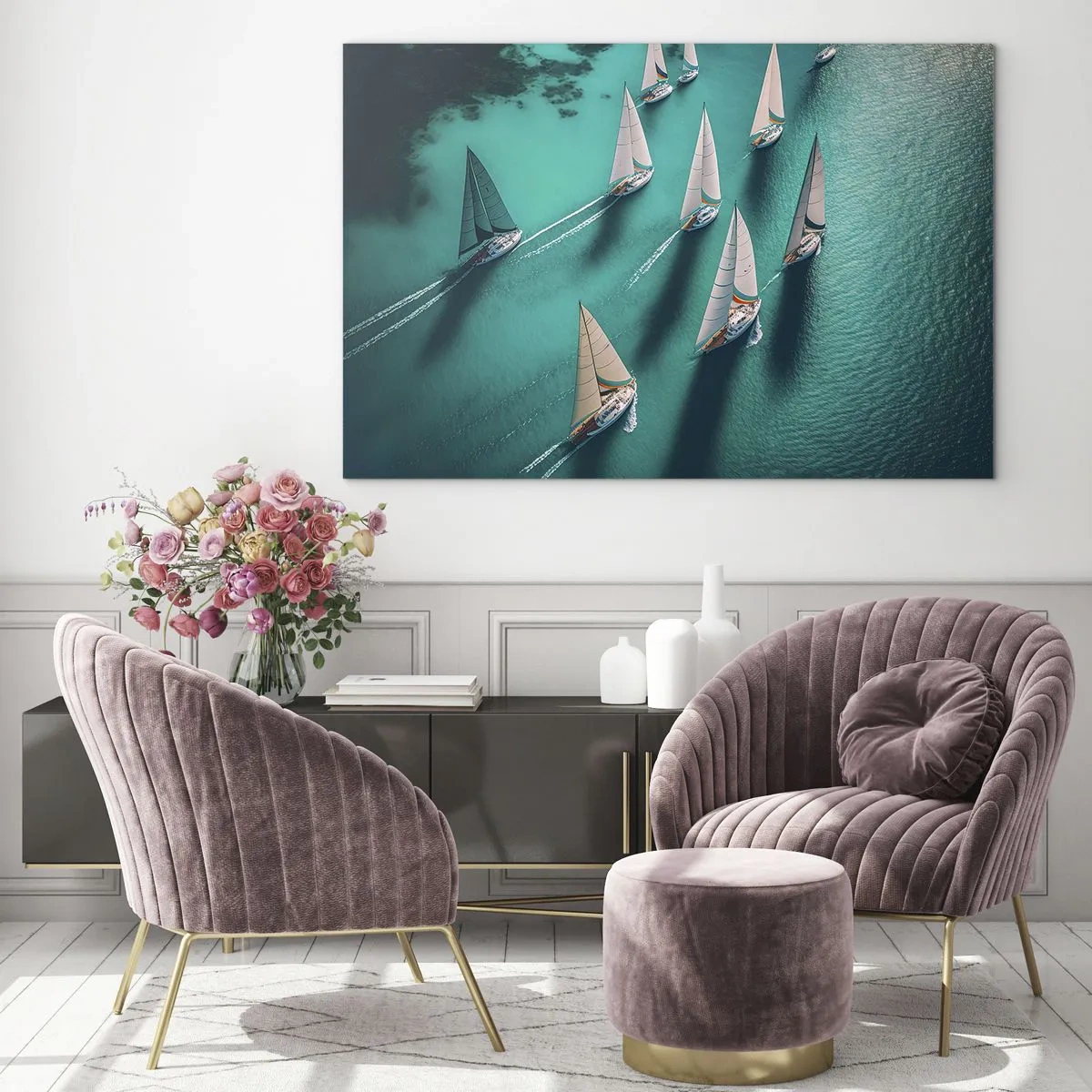 Impression sur verre - Image sur verre - Voiliers sur une eau turquoise capturés à vol d'oiseau - 70x50cm - Dans une compétition avec le vent - Décoration murale moderne pour le salon et la chambre ARTTOR