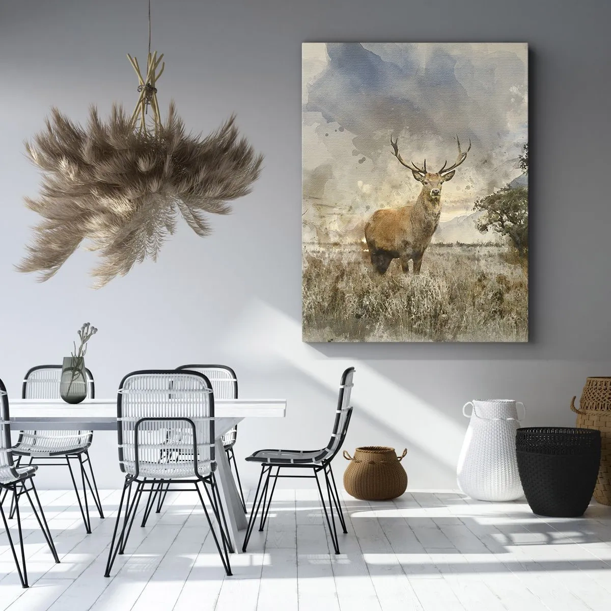 Impression sur toile - Image sur toile - Un cerf dans un cadre naturel dans un style aquarelle - 50x70cm - Dignité - force - majesté - Décoration murale moderne pour le salon et la chambre ARTTOR