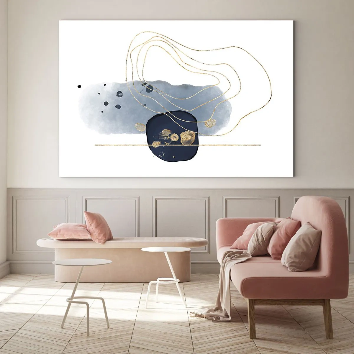Impression sur verre - Image sur verre - Composition abstraite dans les tons bleus et dorés - 70x50cm - Fantaisie bleu et or - Décoration murale moderne pour le salon et la chambre ARTTOR