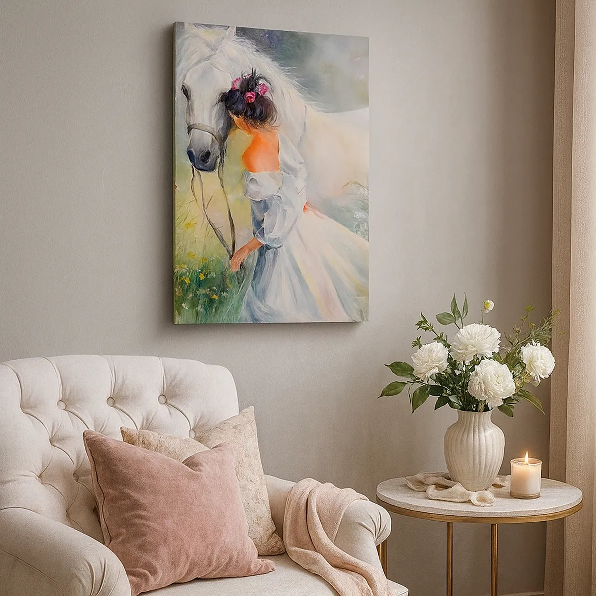 Impression sur toile - Image sur toile - Une femme avec un cheval blanc dans un cadre pittoresque - 50x70cm - Comme dans un beau rêve - Décoration murale moderne pour le salon et la chambre ARTTOR