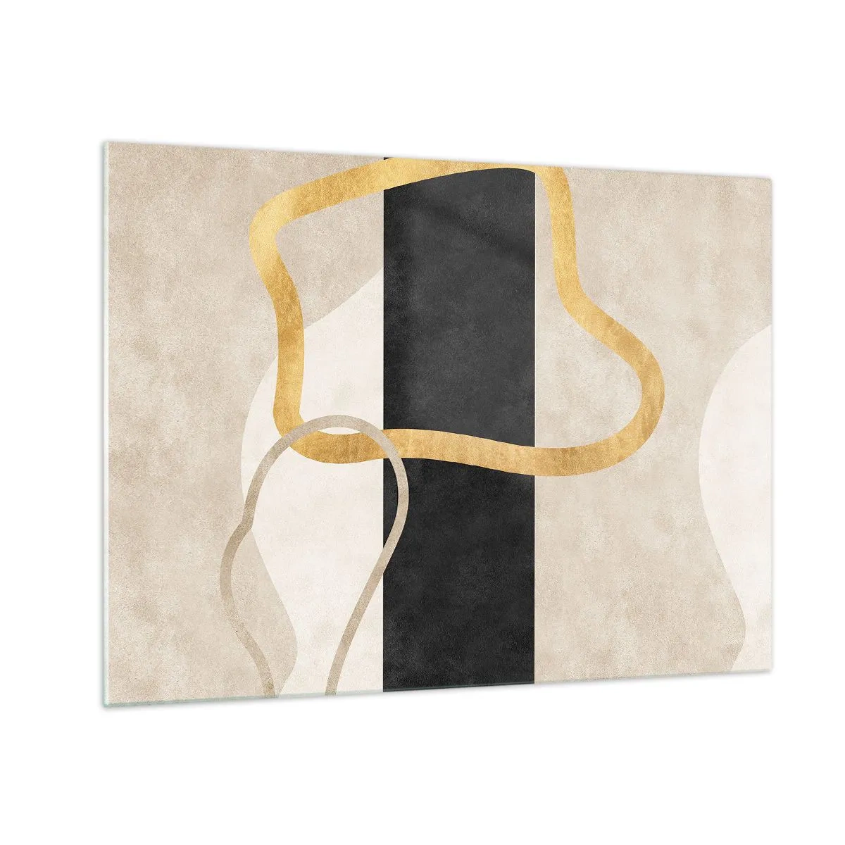 Impression sur verre - Image sur verre - Lignes dorées et beiges formant des formes en boucle sur un fond à rayures noires. - 70x50cm - Formes emmellées - Décoration murale moderne pour le salon et la chambre ARTTOR