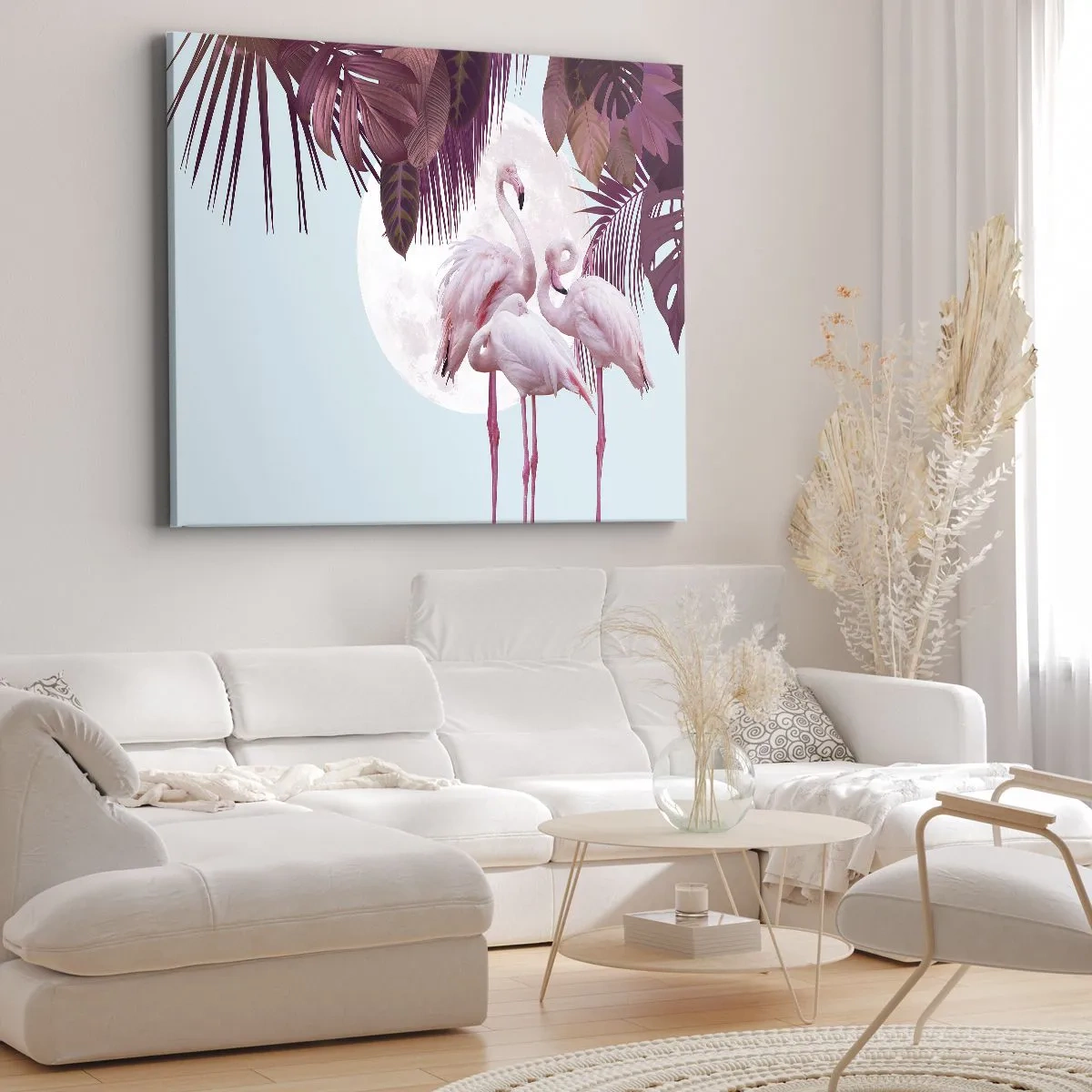 Impression sur toile - Image sur toile - Flamants roses sur fond de lune et de feuilles tropicales - 70x50cm - Trois oiseaux gracieux - Décoration murale moderne pour le salon et la chambre ARTTOR