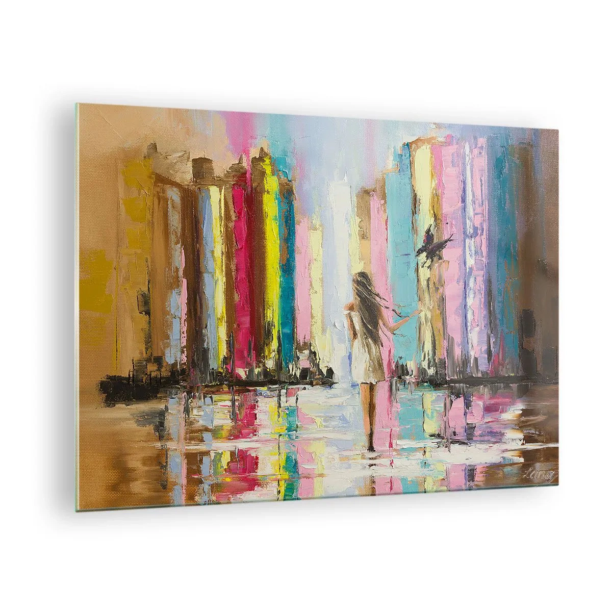 Impression sur verre - Image sur verre - Une femme avec un oiseau en arrière-plan de bâtiments colorés - 70x50cm - Viens avec moi - Décoration murale moderne pour le salon et la chambre ARTTOR