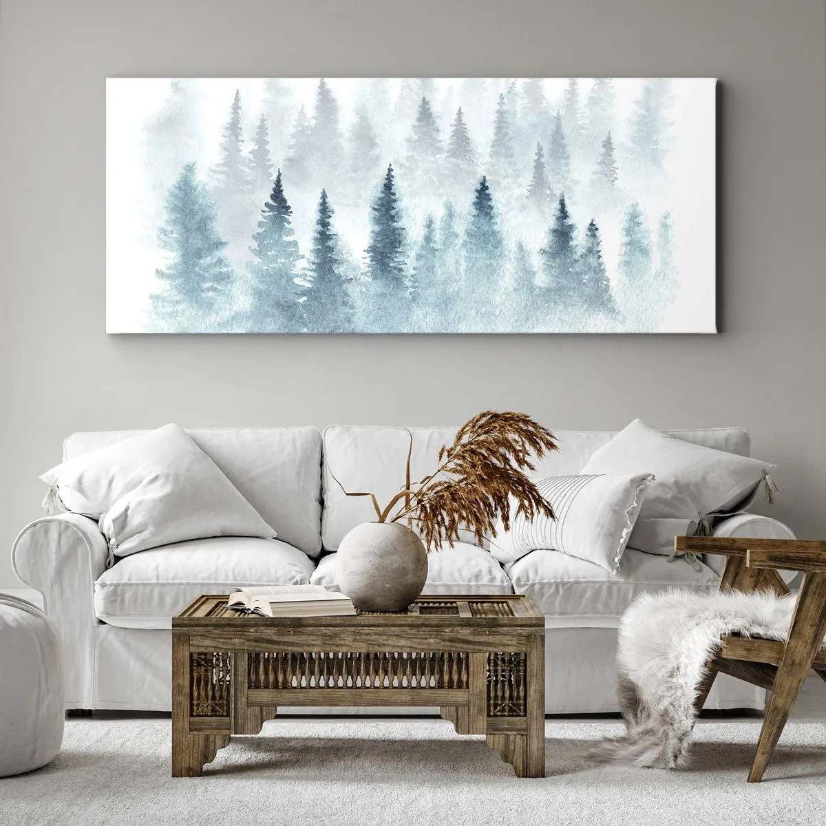Impression sur toile - Image sur toile - Forêts de conifères baignées d'un brouillard délicat - 140x50cm - Enveloppé de brouillard - Décoration murale moderne pour le salon et la chambre ARTTOR