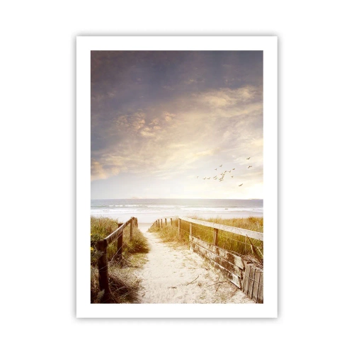 Affiche - Poster - Chemin vers la plage au coucher du soleil avec des oiseaux qui volent - 50x70cm - Un espace de paix - Décoration murale moderne pour le salon et la chambre ARTTOR