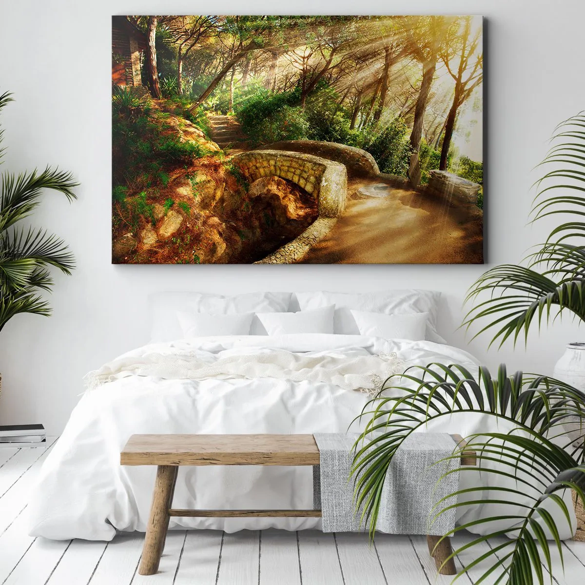 Impression sur toile - Image sur toile - Paysage forestier avec des rayons de soleil et un pont de pierre - 70x50cm - Directement du pont dans une forêt de conte de fées - Décoration murale moderne pour le salon et la chambre ARTTOR