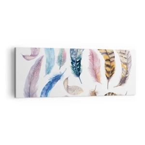 Impression sur toile - Image sur toile - Plumes colorées dans un style aquarelle délicat - 140x50cm - Léger, bariolé et multicolore - Décoration murale moderne pour le salon et la chambre ARTTOR