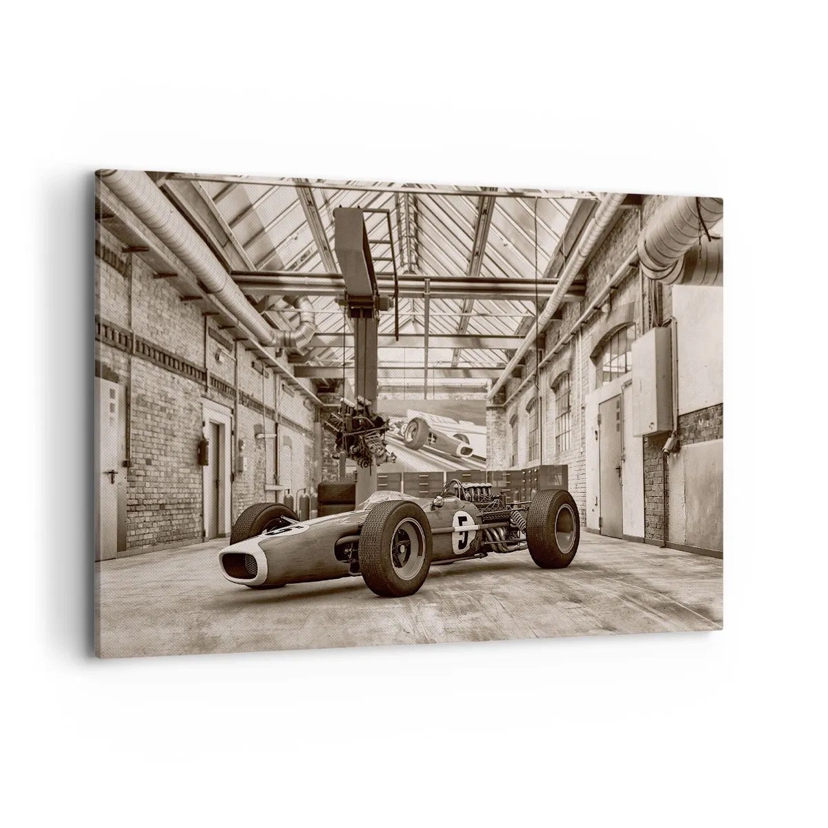Impression sur toile - Image sur toile - Voiture de course noire et blanche dans un intérieur industriel - 120x80cm - Le repos du guerrier - Décoration murale moderne pour le salon et la chambre ARTTOR