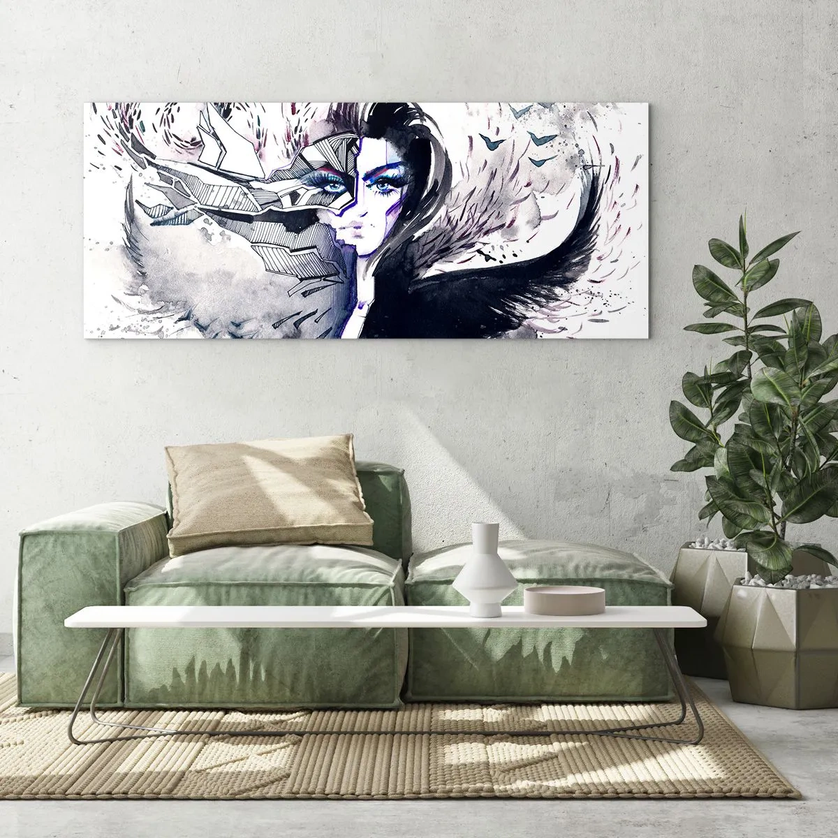 Impression sur verre - Image sur verre - Visage abstrait avec des éléments contrastés et un motif d'aile - 160x50cm - Démoniaque et belle - Décoration murale moderne pour le salon et la chambre ARTTOR