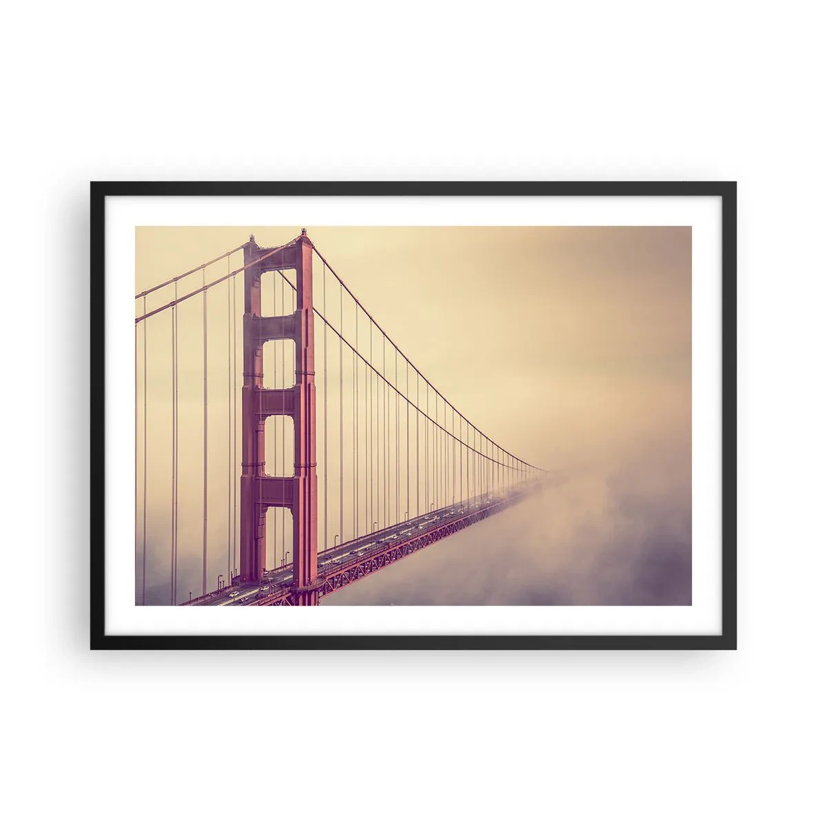 Affiche dans un cadre noir - Poster - Un pont dans le brouillard aux tons pastel, symbole d'élégance et de paix - 70x50cm - Entre ciel et terre - Décoration murale moderne pour le salon et la chambre ARTTOR