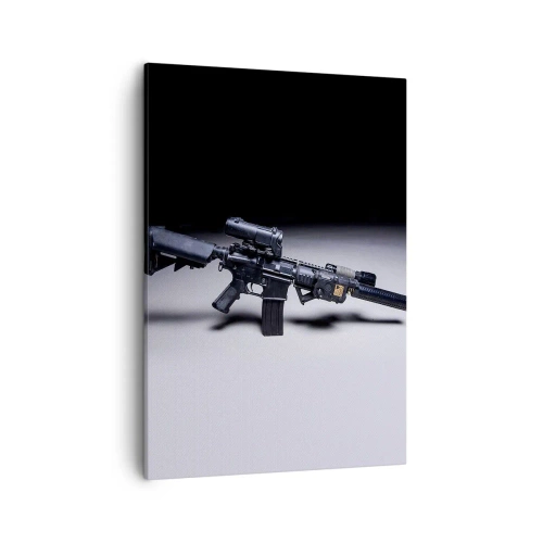 Impression sur toile - Image sur toile - Un fusil moderne en noir sur fond sombre - 50x70cm - Chevalier ténébreux - Décoration murale moderne pour le salon et la chambre ARTTOR