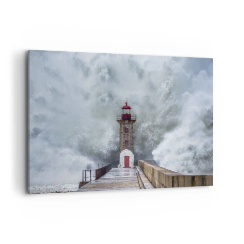 Impression sur toile - Image sur toile - Un phare entouré de vagues agitées - 100x70cm - Le rugissement des eaux, le bruit soufflera - Décoration murale moderne pour le salon et la chambre ARTTOR