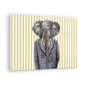 Impression sur verre - Image sur verre - Un éléphant en costume sur fond de rayures jaunes - 70x50cm - Élégant par nature - Décoration murale moderne pour le salon et la chambre ARTTOR