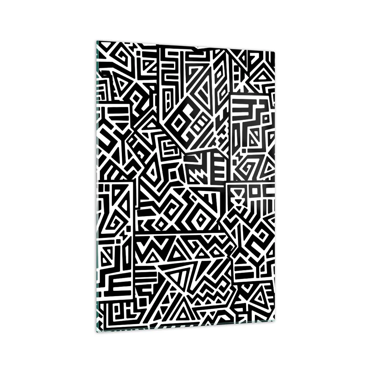 Impression sur verre - Image sur verre - Motifs géométriques noirs et blancs inspirés de la culture précolombienne - 70x100cm - Composition précolombienne - Décoration murale moderne pour le salon et la chambre ARTTOR