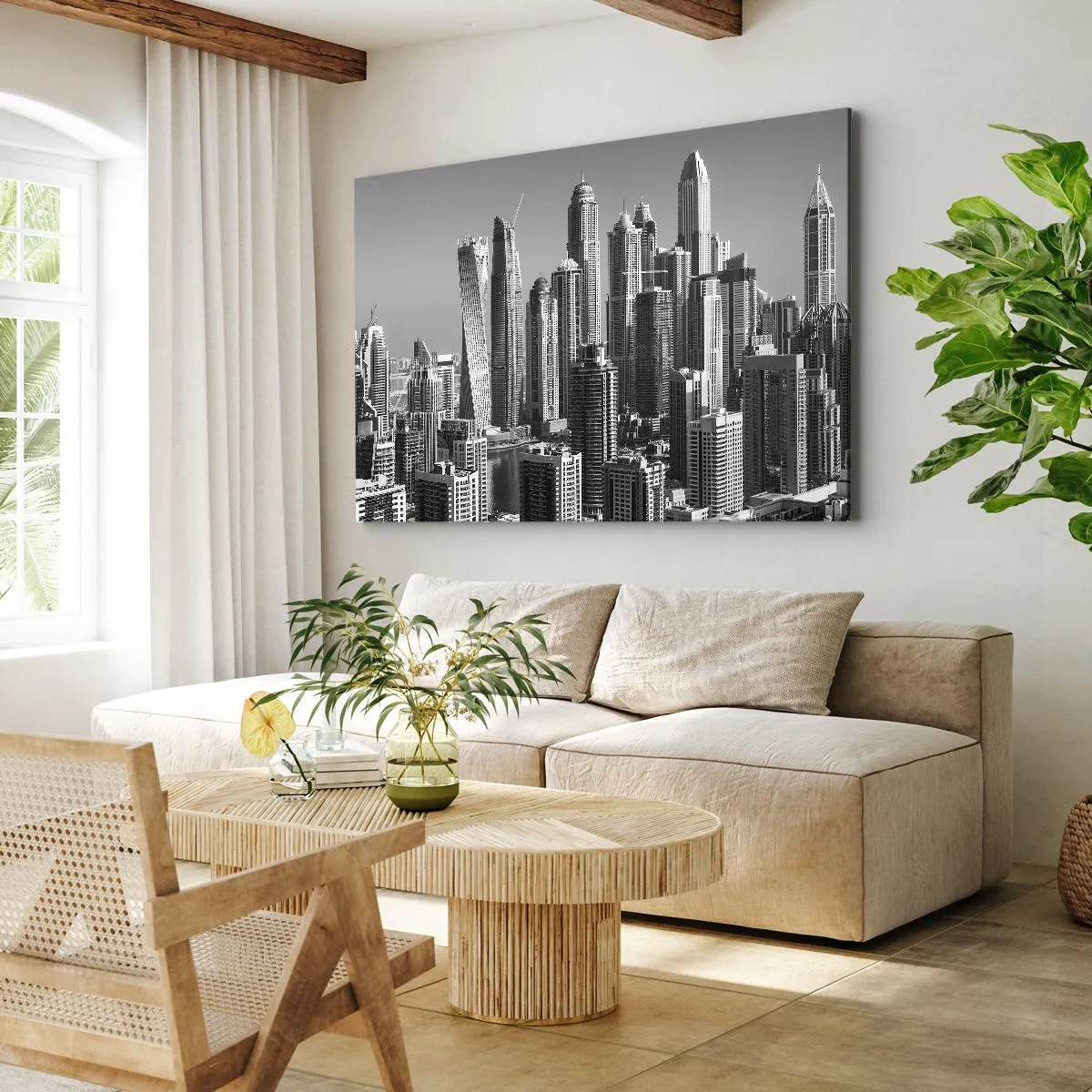 Impression sur toile - Image sur toile - Panorama de gratte-ciels modernes aux tons monochromes - 120x80cm - Ville sur le désert - Décoration murale moderne pour le salon et la chambre ARTTOR