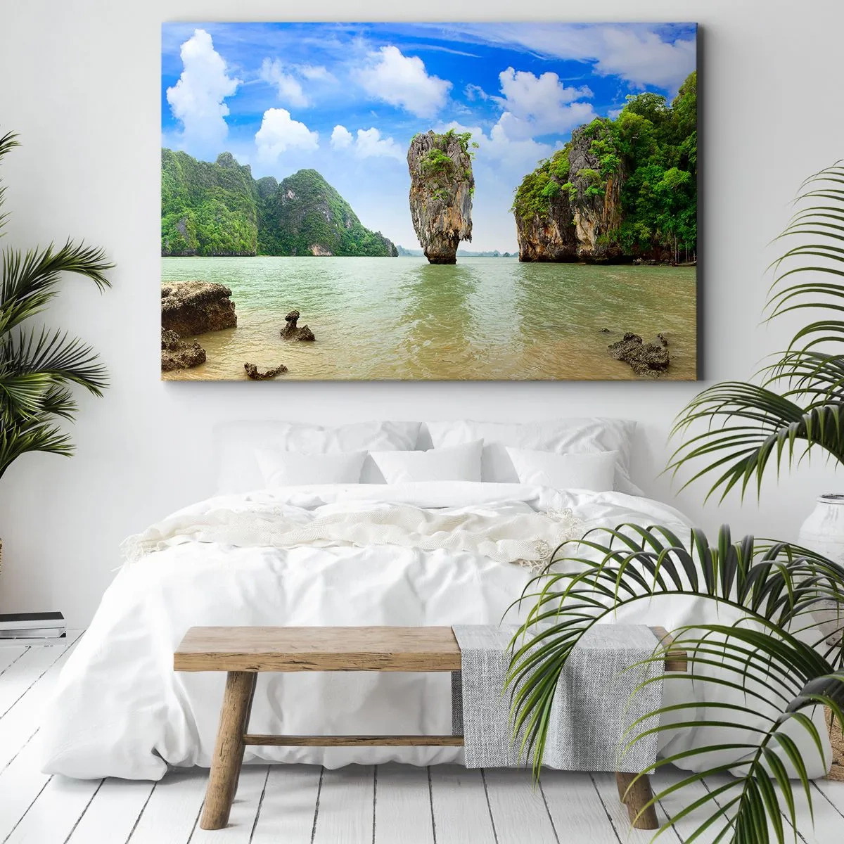Impression sur toile - Image sur toile - Une formation rocheuse exotique entourée d'eau et de verdure sous un ciel bleu. - 120x80cm - Merveilles rocheuses de la nature - Décoration murale moderne pour le salon et la chambre ARTTOR