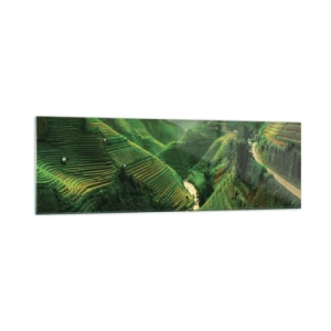 Impression sur verre - Image sur verre - Rizières en terrasses pittoresques dans une vallée verdoyante illuminée par le soleil couchant - 160x50cm - Vallée vietnamienne - Décoration murale moderne pour le salon et la chambre ARTTOR