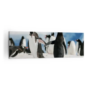 Impression sur toile - Image sur toile - Un groupe de pingouins dans la neige dans un paysage antarctique - 160x50cm - Danser dans la neige - Décoration murale moderne pour le salon et la chambre ARTTOR