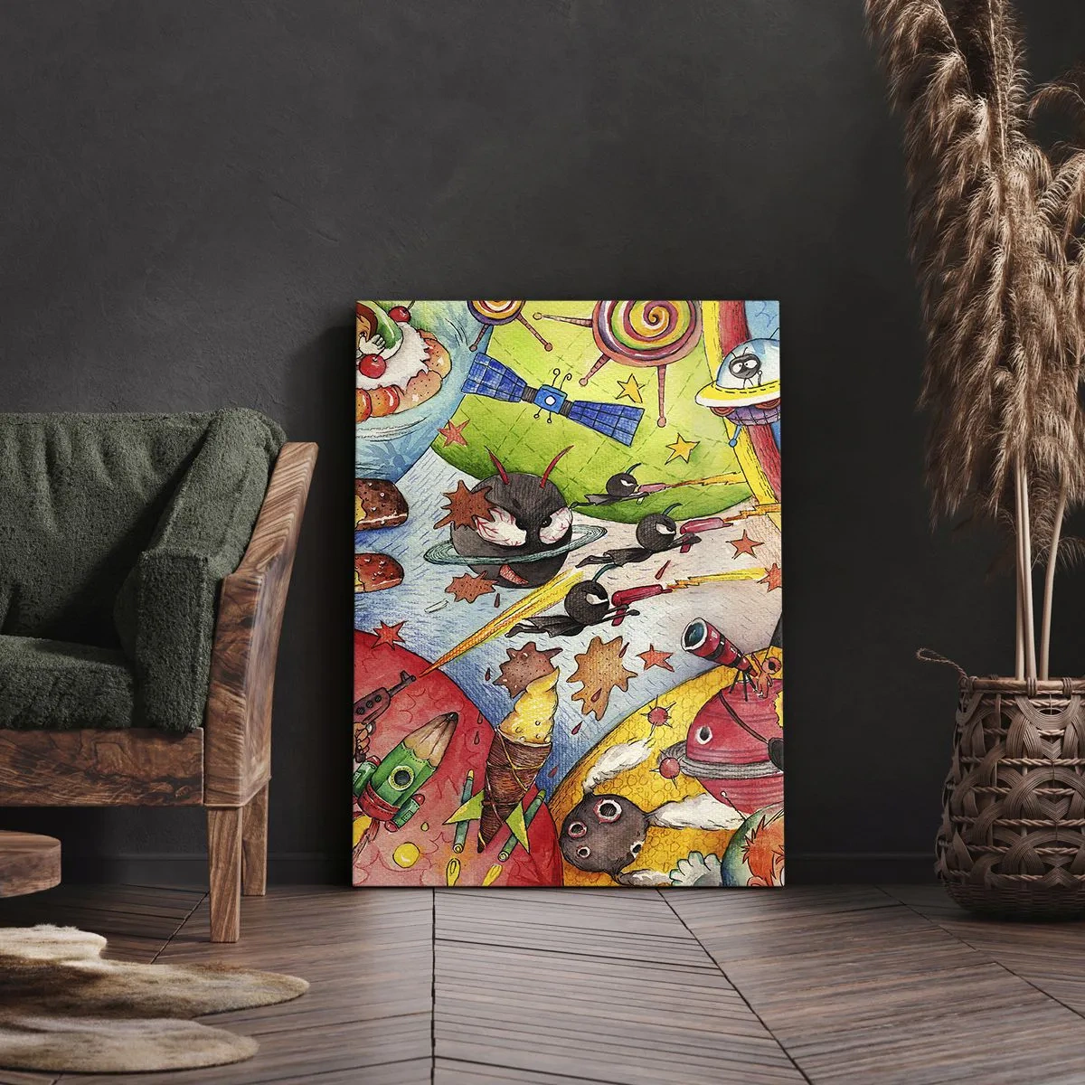 Impression sur toile - Image sur toile - Une scène spatiale colorée pleine d'enfants et de vaisseaux spatiaux - 50x70cm - Grande aventure spatiale - Décoration murale moderne pour le salon et la chambre ARTTOR
