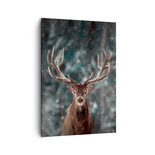 Impression sur toile - Image sur toile - Cerf dans une forêt d'hiver avec de la neige qui tombe - 50x70cm - Roi de la forêt couronné - Décoration murale moderne pour le salon et la chambre ARTTOR