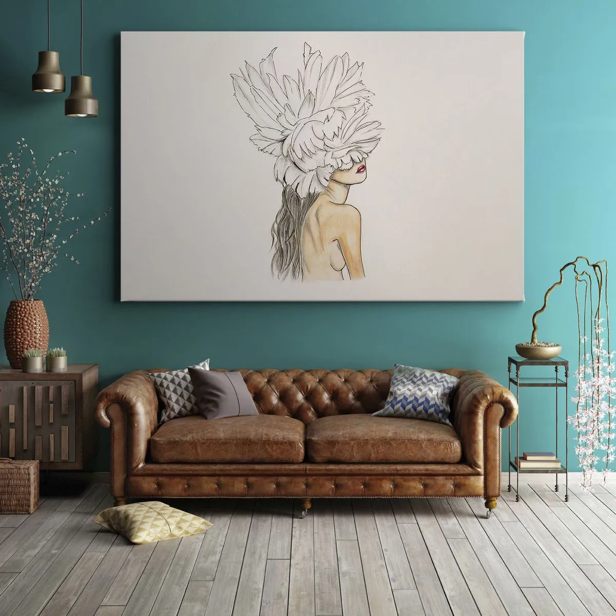 Impression sur toile - Image sur toile - Portrait d'une femme avec décoration de plumes dans un style artistique - 70x50cm - Beauté couronnée - Décoration murale moderne pour le salon et la chambre ARTTOR