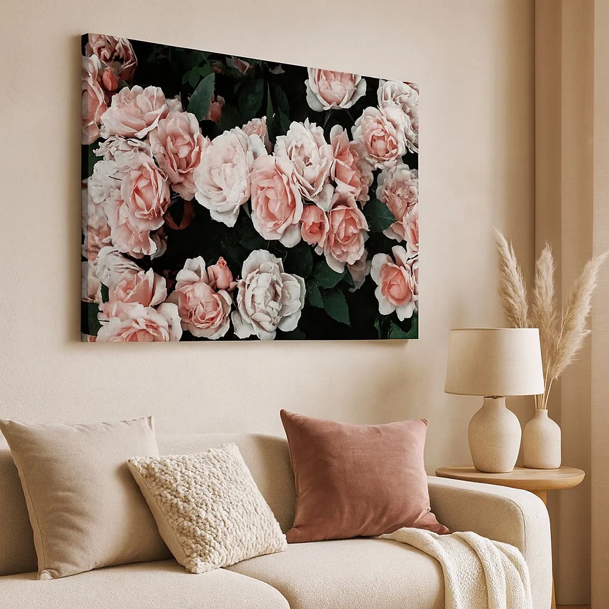 Impression sur toile - Image sur toile - Roses roses sur fond sombre dans une composition subtile - 70x50cm - Ensemble de rose - Décoration murale moderne pour le salon et la chambre ARTTOR