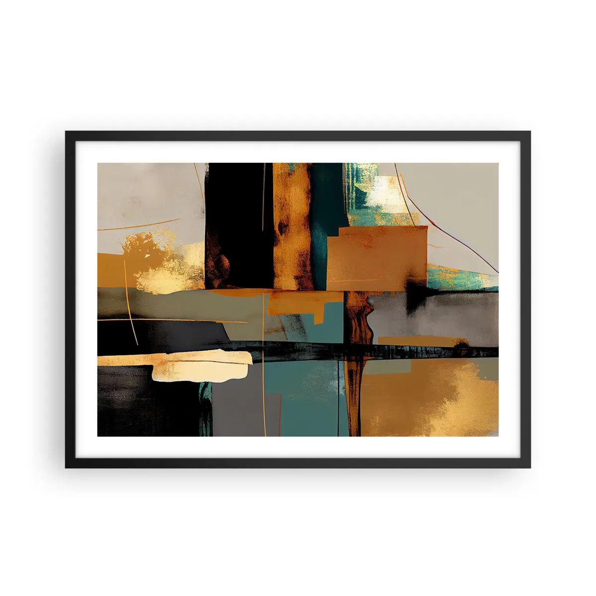 Affiche dans un cadre noir - Poster - Composition abstraite avec des éléments dorés et turquoise - 70x50cm - Abstraction – lumière et ombre - Décoration murale moderne pour le salon et la chambre ARTTOR