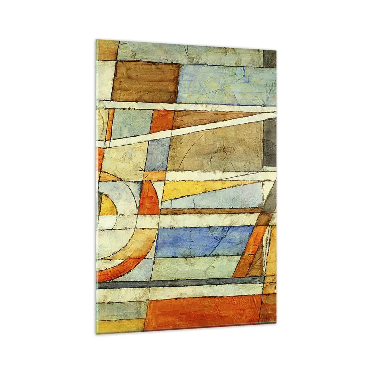 Impression sur verre - Image sur verre - Abstraction géométrique dans les tons beige, bleu et orange - 80x120cm - Cubisme sur le chantier - Décoration murale moderne pour le salon et la chambre ARTTOR