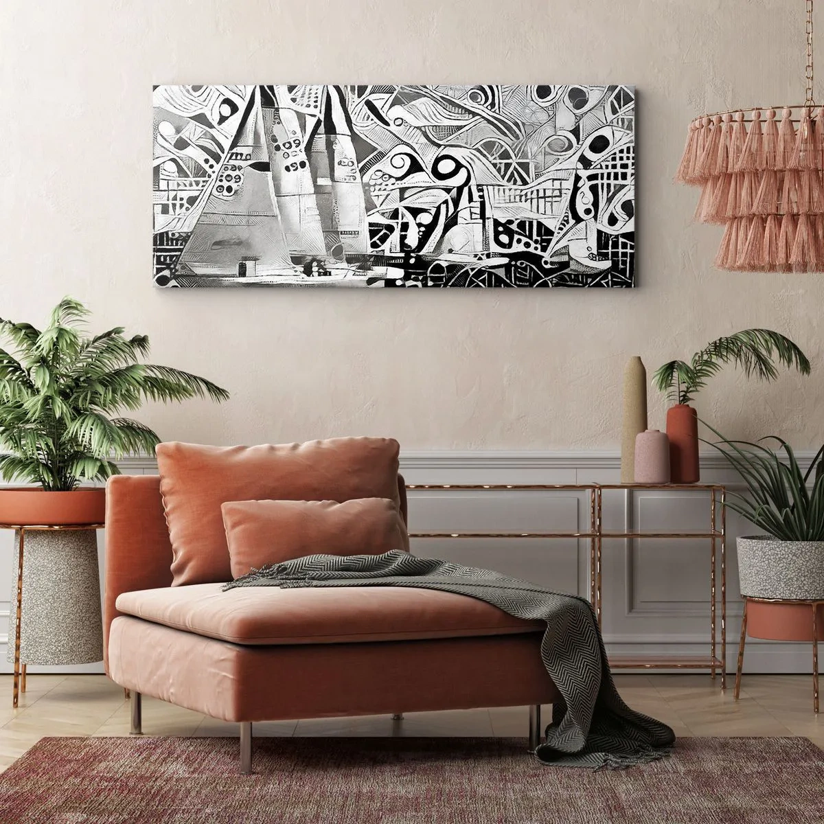 Impression sur toile - Image sur toile - Voiliers abstraits dans une composition monochrome - 120x50cm - Entre les vagues - Décoration murale moderne pour le salon et la chambre ARTTOR