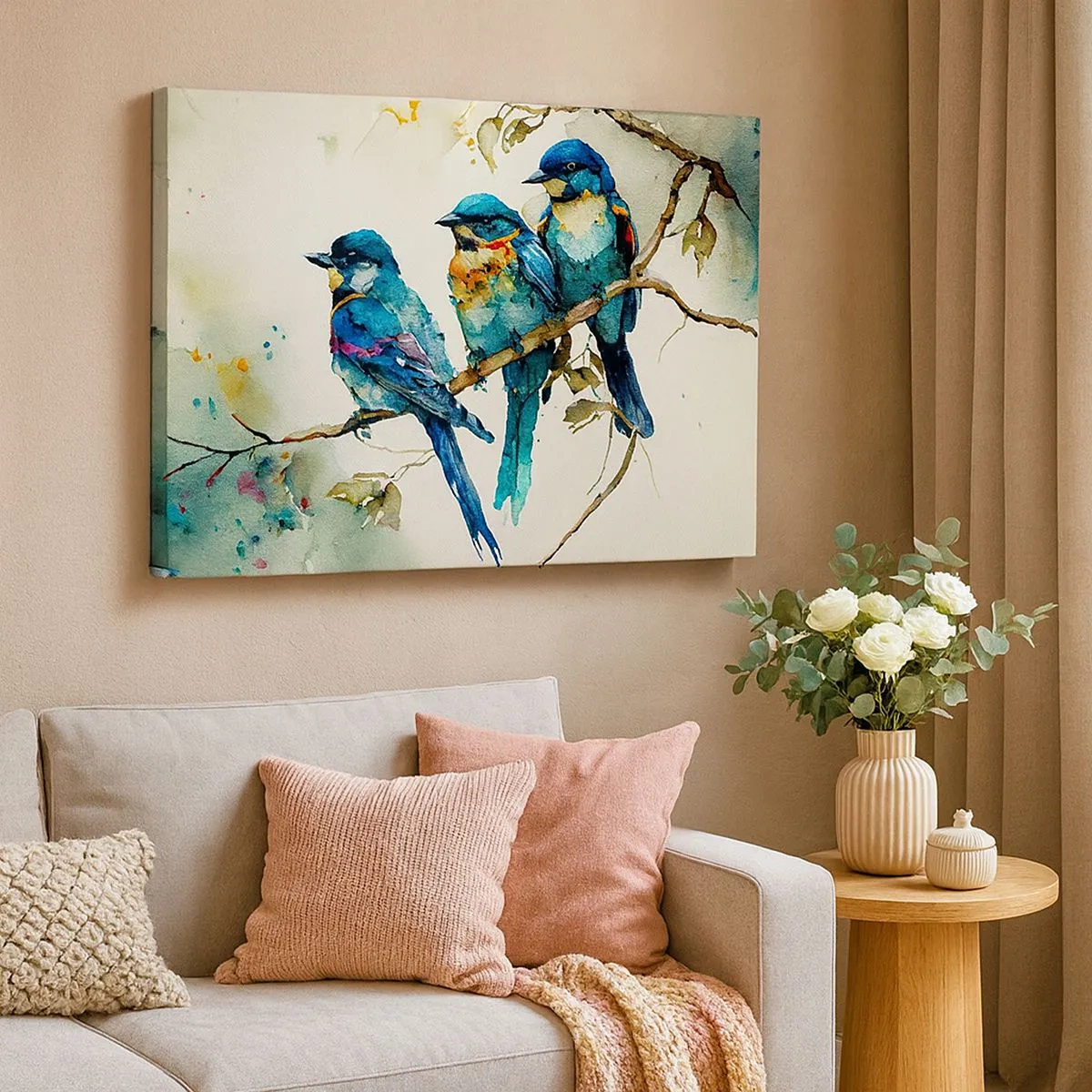 Impression sur toile - Image sur toile - Trois oiseaux colorés sur une branche dans un style aquarelle - 70x50cm - A-t-il été offensé ? - Décoration murale moderne pour le salon et la chambre ARTTOR