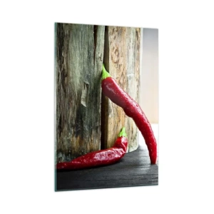 Impression sur verre - Image sur verre - Deux piments rouges sur un fond en bois avec un accent rustique - 80x120cm - Red hot chili peppers - Décoration murale moderne pour le salon et la chambre ARTTOR