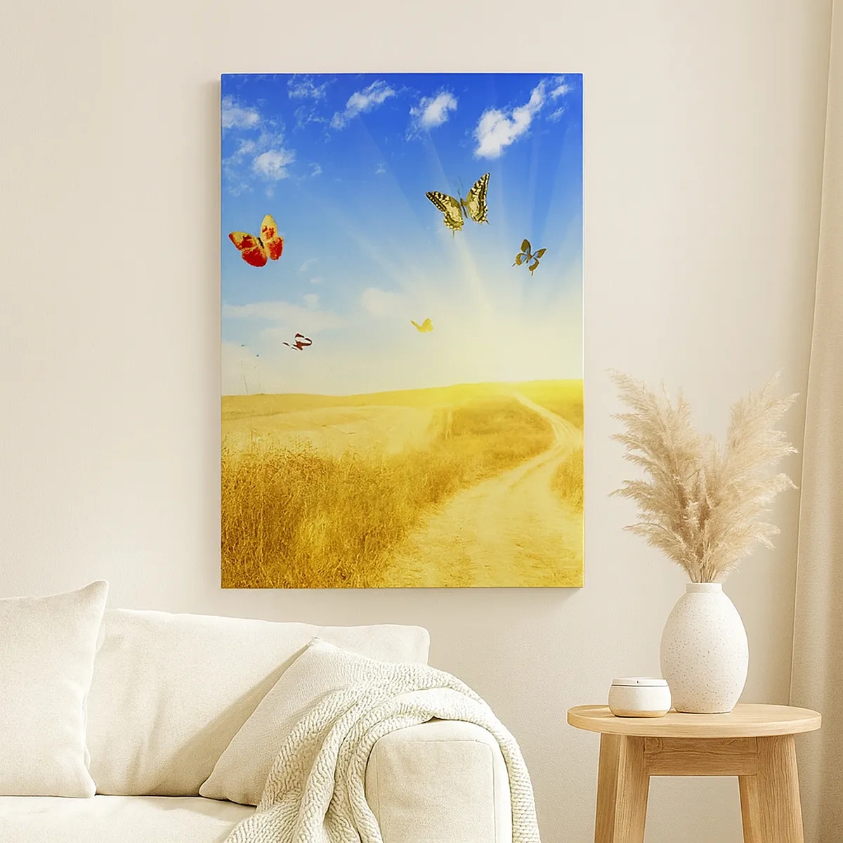 Impression sur toile - Image sur toile - Un champ doré, un chemin et des papillons contre un ciel bleu - 50x70cm - Et comment ne pas aimer l'été ? - Décoration murale moderne pour le salon et la chambre ARTTOR